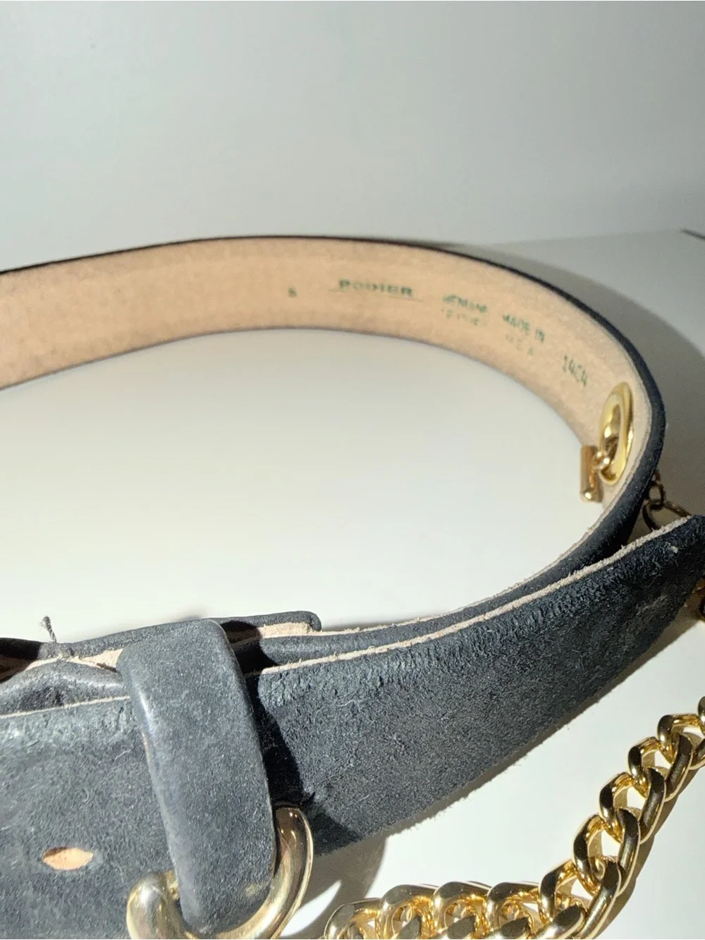 Vtg Rodier Black Genuine Leather Suede Belt with Gold Chain Accent, Sz S